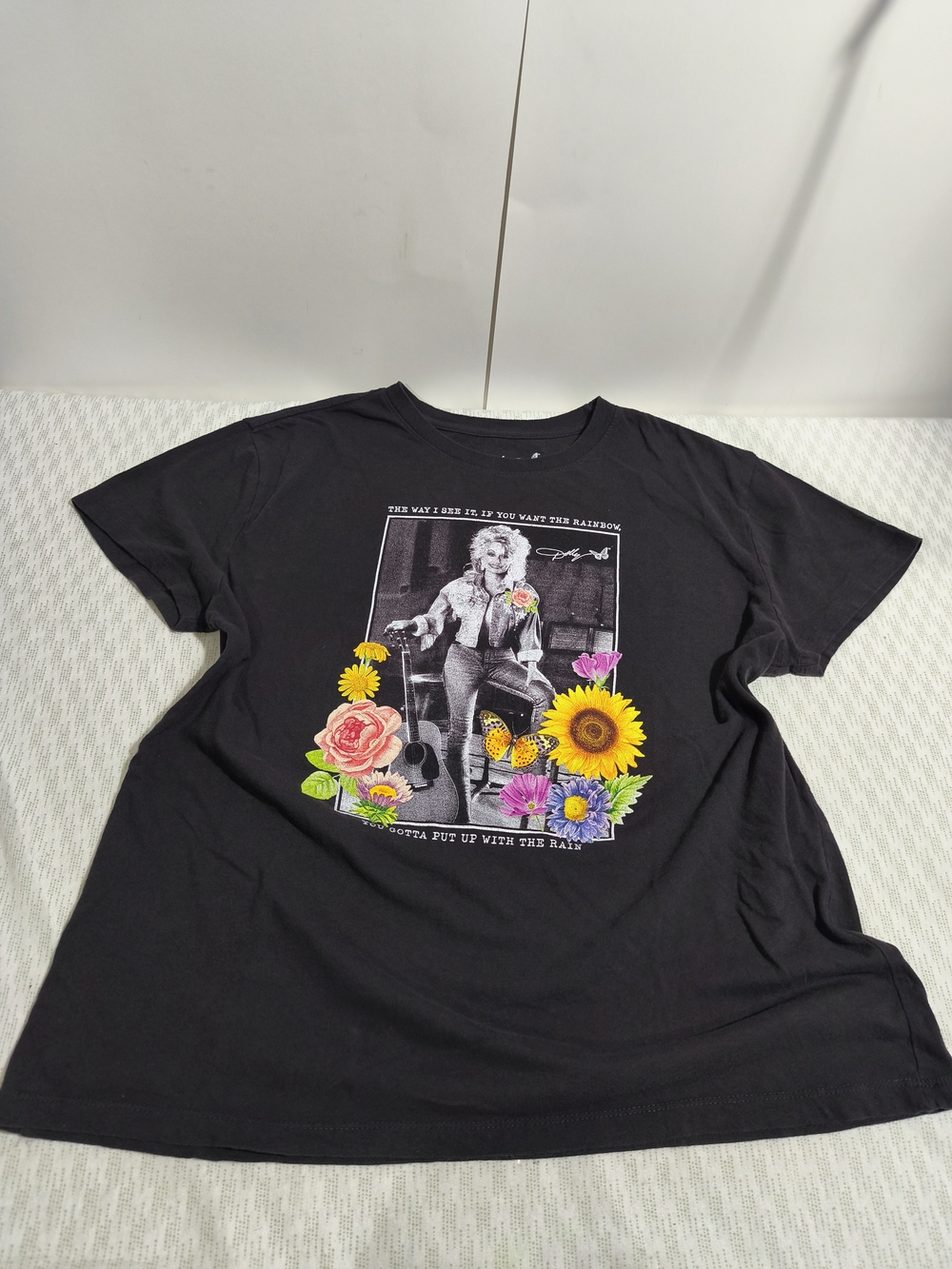 Dollcake Black Tee with Colorful Floral & Sunflower Graphic